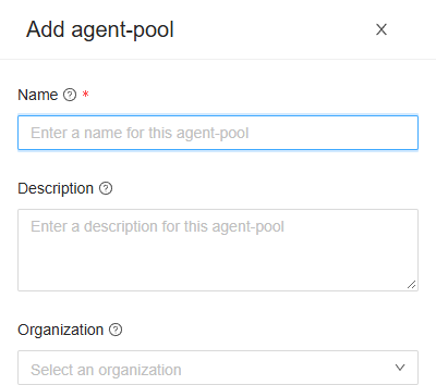 The Add agent-pool drawer, with the fields Name, Description and Organization