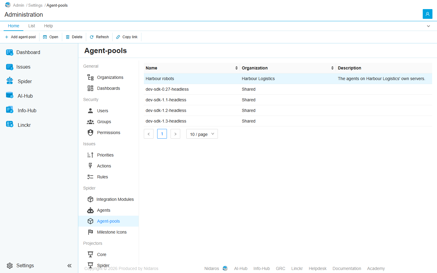 The Agent-pools page: Harbour robots of Harbour Logistics, selected, and the shared pools dev-sdk-0.27-headless to dev-sdk-1.3-headless