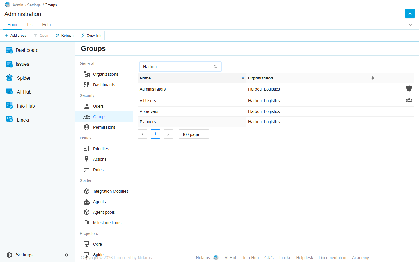 The Groups page, searched for Harbour: the groups of Harbour Logistics, Administrators and All Users with their icons, then Approvers and Planners