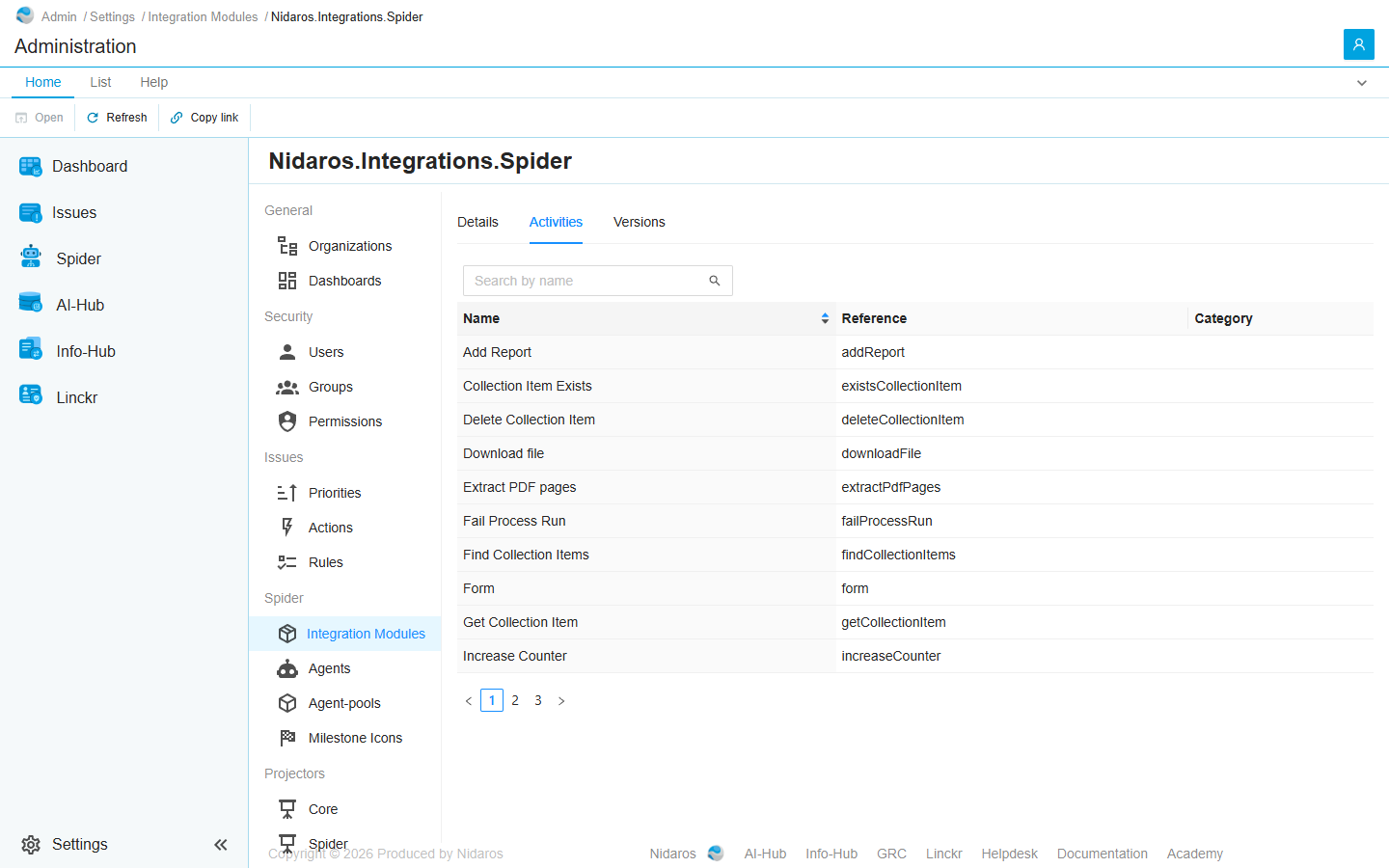 The Activities tab of Nidaros.Integrations.Spider 1.4.0, in Administration: the module's activities by name, reference and category