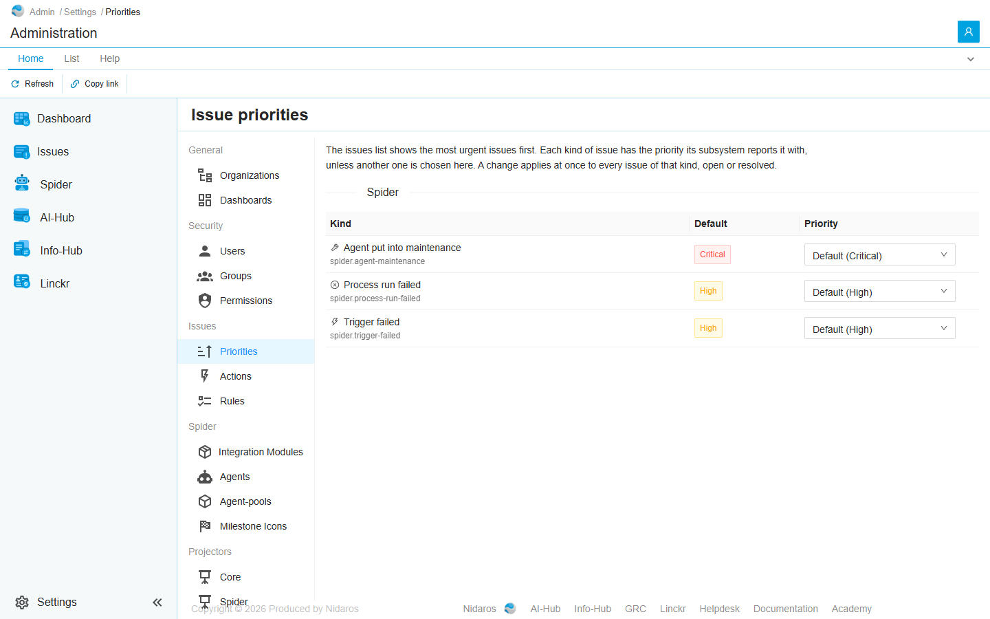 The Issue priorities page: Agent put into maintenance at Critical, Process run failed and Trigger failed at High, each on its default
