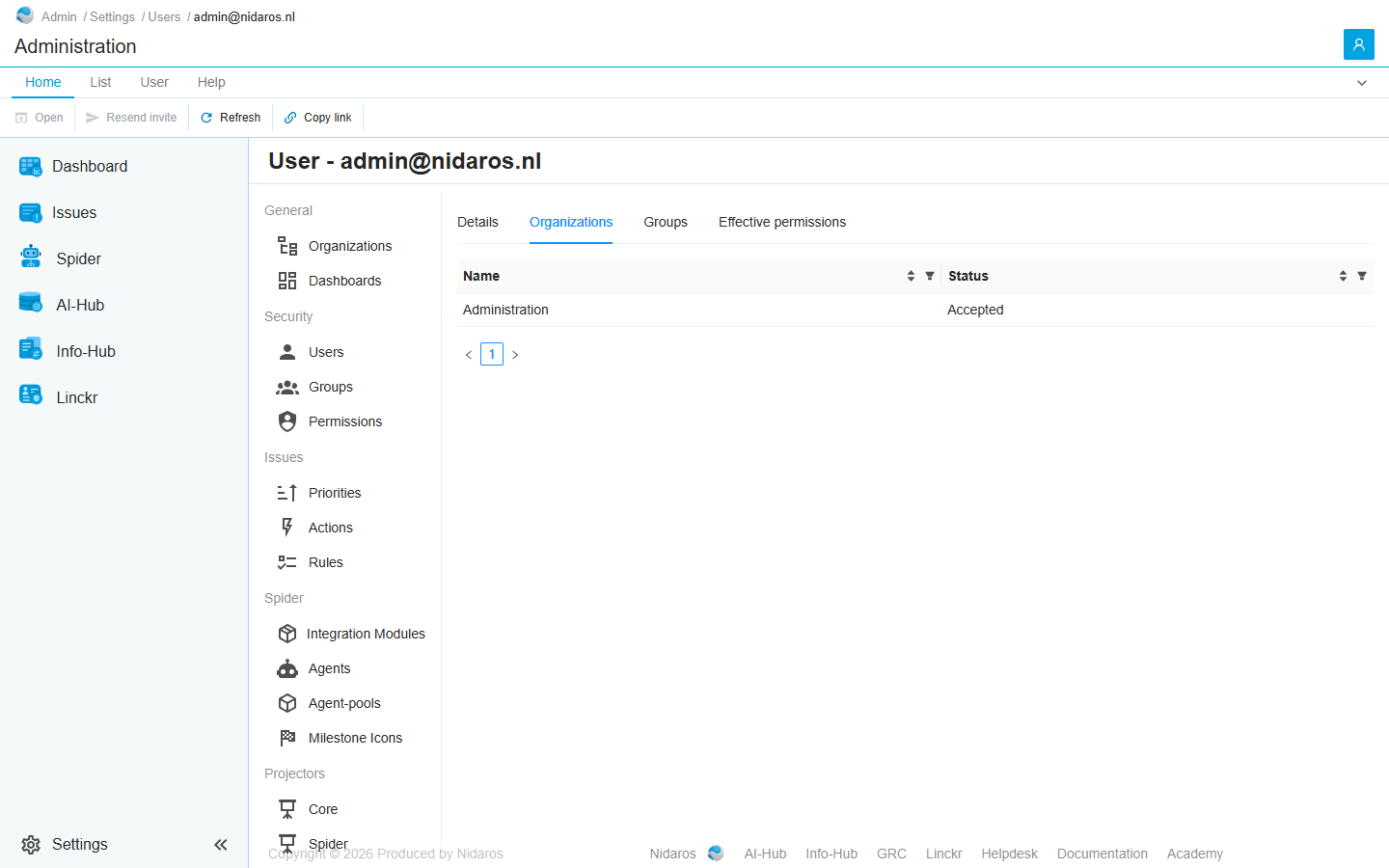 The page of admin@nidaros.nl on its Organizations tab: Administration