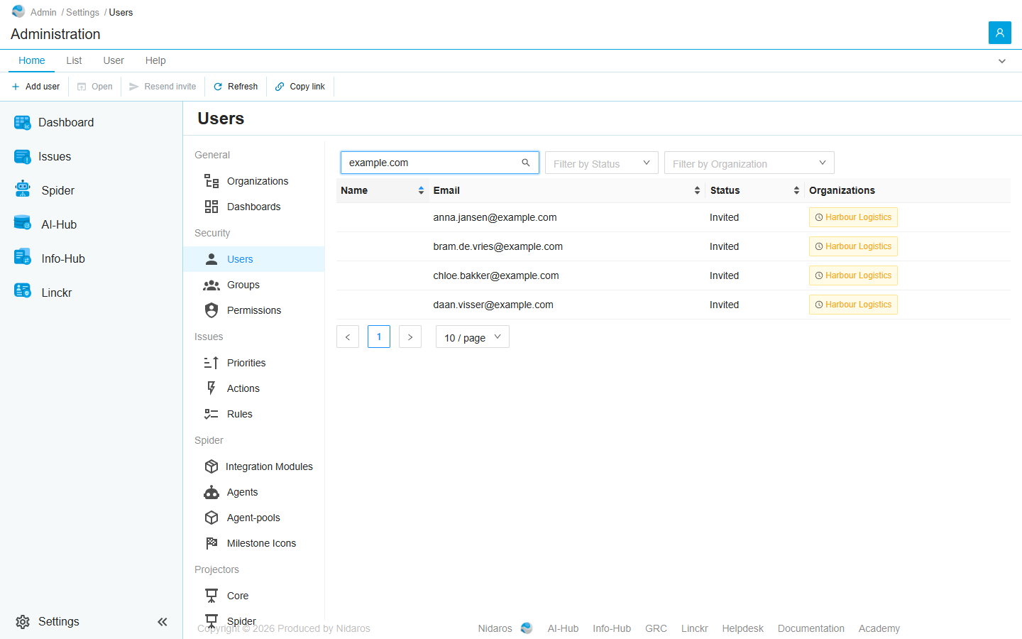 The Users page, searched for example.com: the four demo users, each Invited and in Harbour Logistics