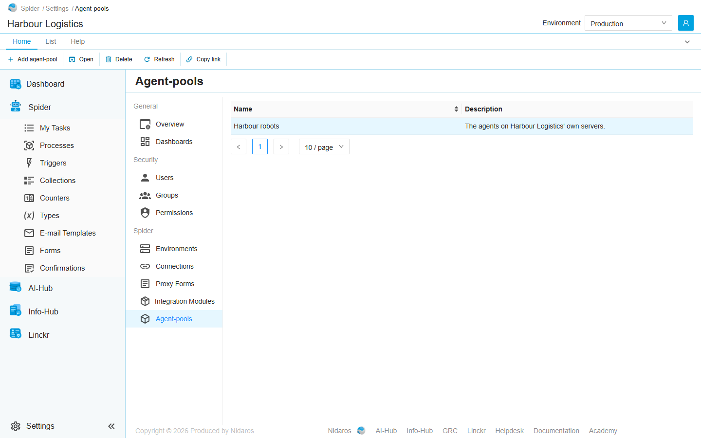 The Agent-pools page: Harbour robots, with its description, selected
