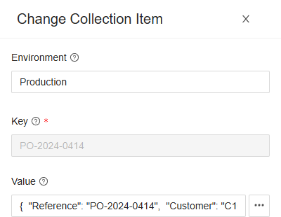 The Change Collection Item drawer of PO-2024-0414 in Shipments: the environment Production and the key, both read-only, and the value as JSON, with the button … beside it