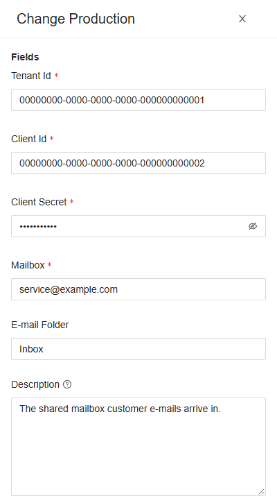 The Change Production drawer of Customer service mailbox: Tenant Id, Client Id, Client Secret shown as dots, Mailbox, E-mail Folder and a description