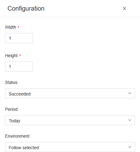 The Configuration drawer of the Succeeded tile: Width 1, Height 1, Status Succeeded, Period Today, Environment Follow selected