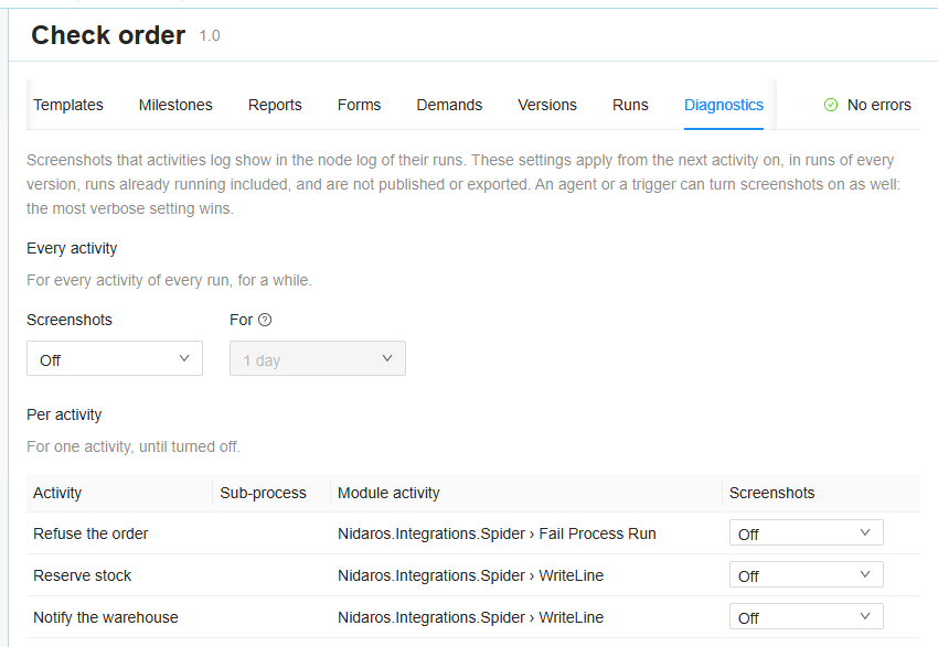 The Diagnostics tab of Check order: Every activity, with Screenshots Off, and Per activity, listing its activities with their screenshot setting