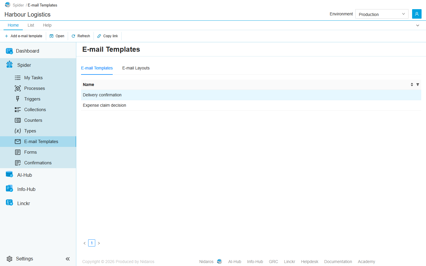The E-mail Templates page: the templates Delivery confirmation, selected, and Expense claim decision