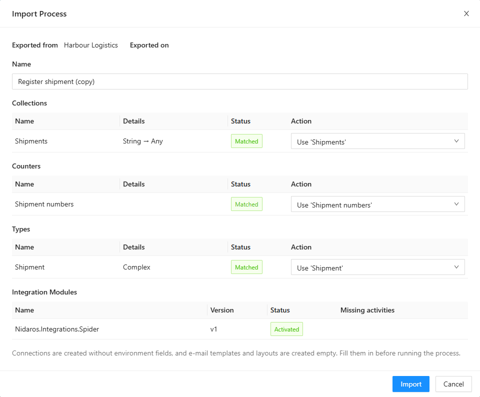 The Import Process dialog with the package of Register shipment: where it was exported from and when, the new name, and the counter, collection and types it uses, each Matched