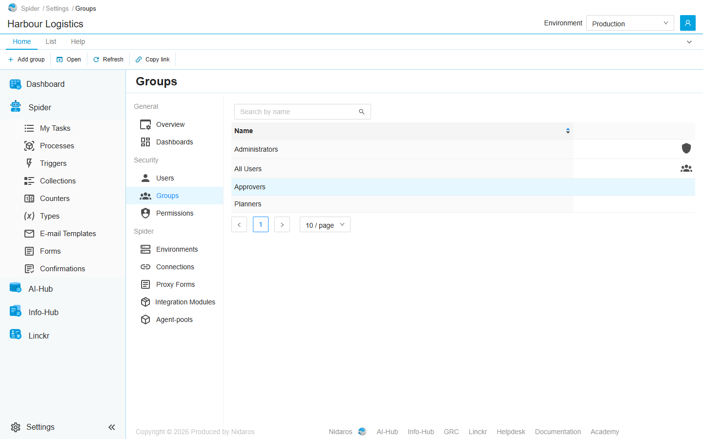 The Groups page: Administrators and All Users with their icons, then Approvers, selected, and Planners
