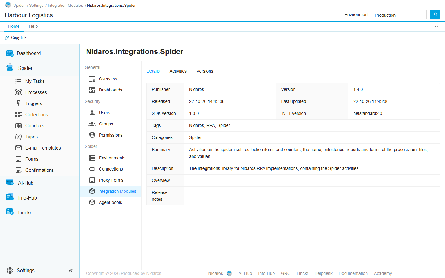 The Details tab of Nidaros.Integrations.Spider 1.4.0: publisher Nidaros, the release dates, SDK version 1.3.0, .NET version netstandard2.0, its tags, categories, summary and description
