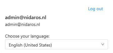 The profile button's panel: Log out, the signed-in user's e-mail address, and Choose your language with English (United States) picked
