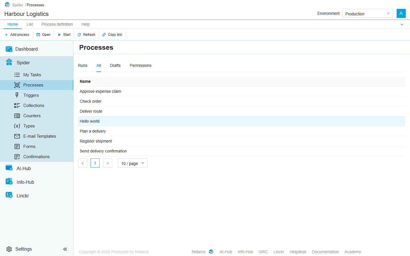 The process definitions on the Processes page's All tab, with the row Hello world selected; the ribbon's Open and Start are now available