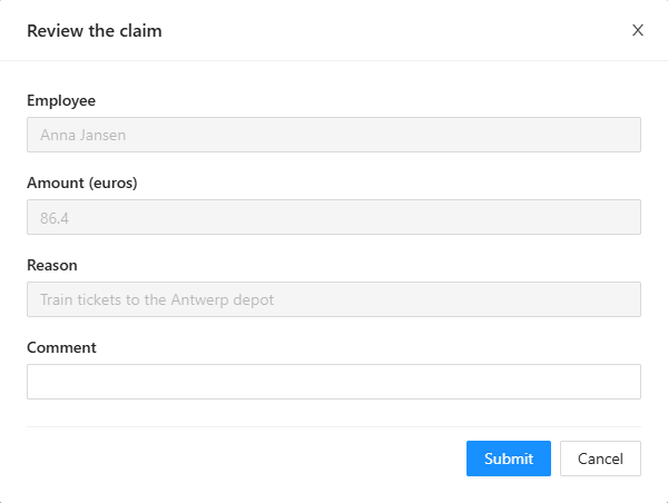 The form of the task Review the claim: Employee, Amount (euros) and Reason filled in and read-only, an empty Comment, and the buttons Submit and Cancel
