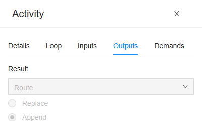 The Outputs tab of Add it to the route: its Result goes into Route, and is appended