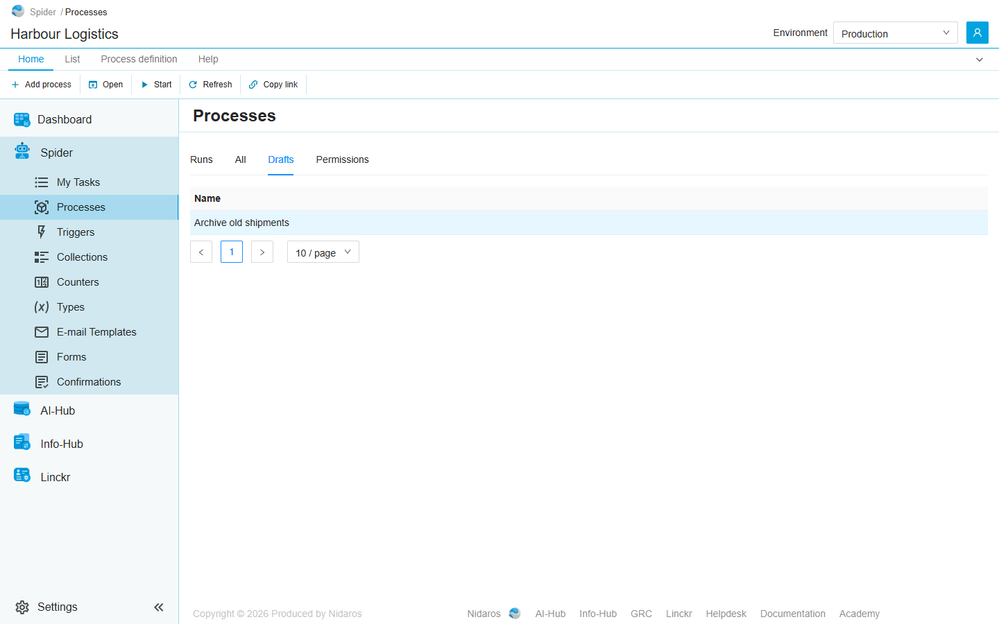 The Drafts tab, with the draft Archive old shipments