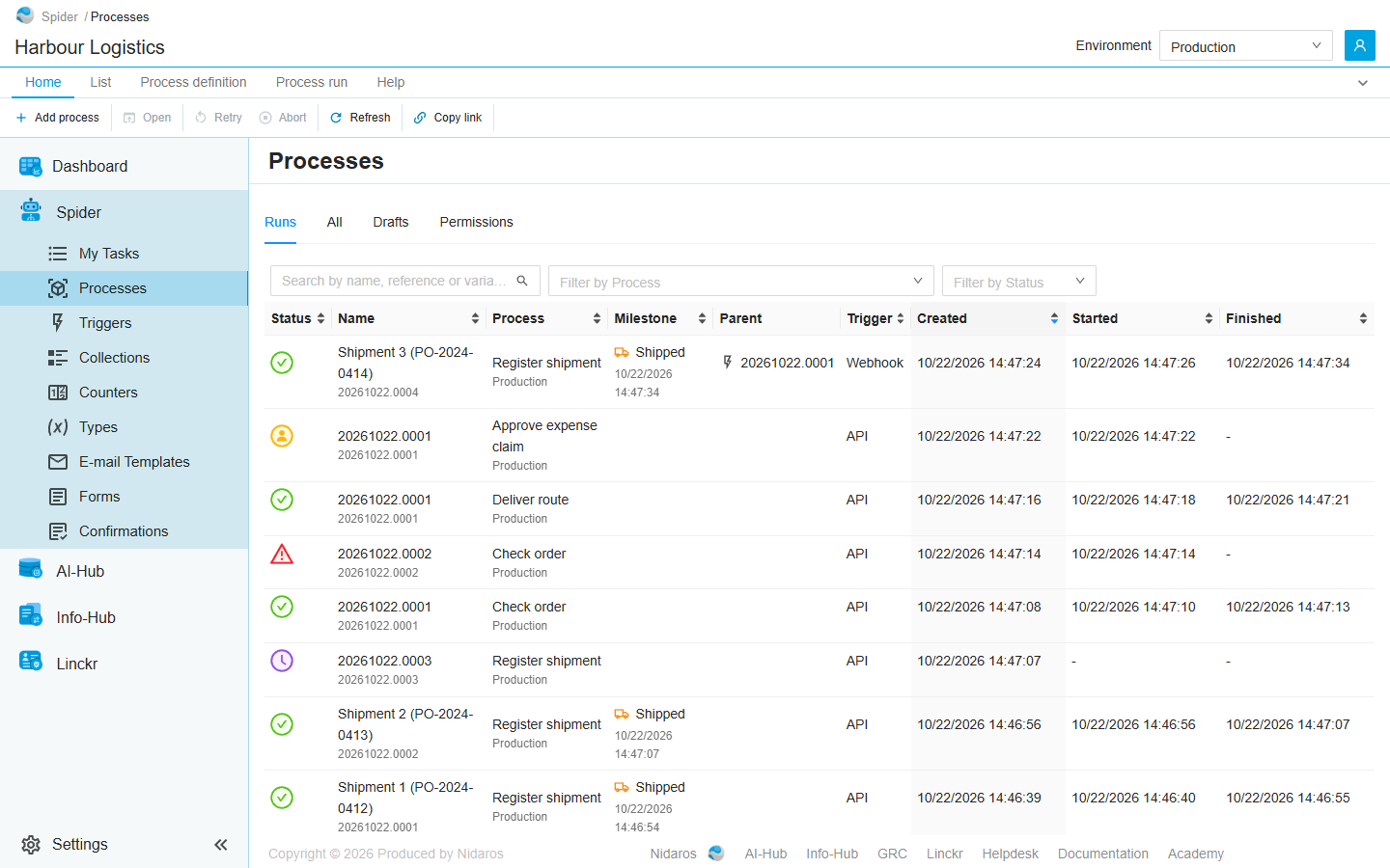 The Processes page on its Runs tab: the runs of Production, newest first, with their status, name, process, milestone, parent, trigger and times