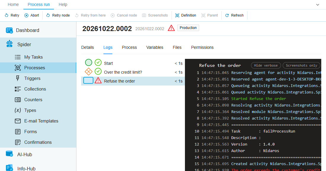 The Logs tab of the failed run of Check order, with Refuse the order selected, and the ribbon's Process run tab: Run, with Retry and Abort, and Node, with Retry node, Retry from here, Cancel node and Screenshots