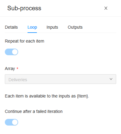 The Loop tab of the sub-process Deliver each stop: Repeat for each item on, Array Deliveries, and Continue after a failed iteration on