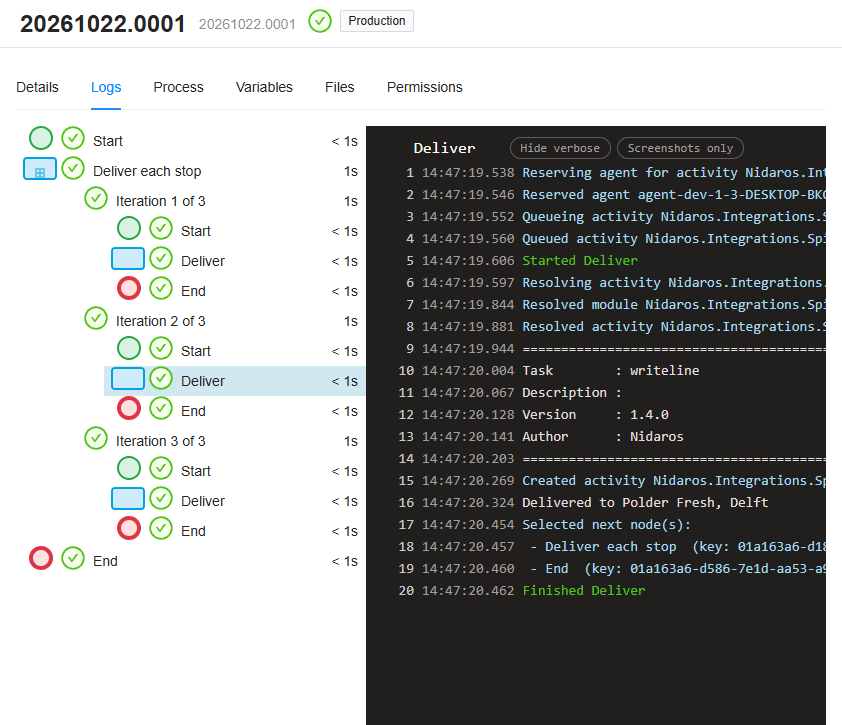 The Logs tab of a run of Deliver route: Deliver each stop, with Iteration 1 of 3, 2 of 3 and 3 of 3, each with its Start, Deliver and End; the second round's Deliver is selected, and its log says Delivered to Polder Fresh, Delft