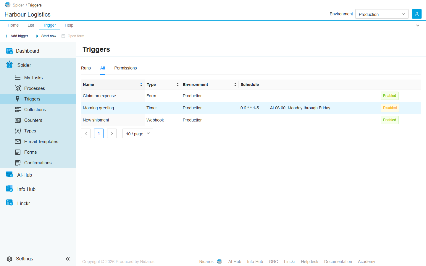 The All tab: the triggers Claim an expense, Morning greeting and New shipment, with Morning greeting selected and the Trigger tab of the ribbon showing Start now