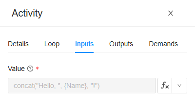 The Inputs tab of Compose the greeting: its Value is the expression concat("Hello, ", {Name}, "!")