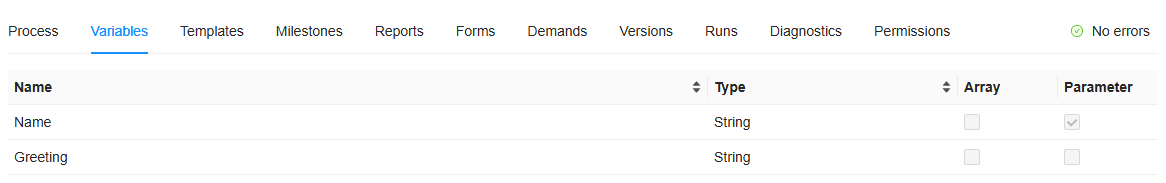The Variables tab: Name and Greeting, both String; Name is a parameter
