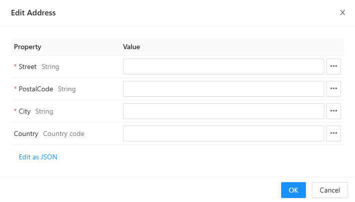 The dialog Edit Address, from the Start Process Run drawer of Plan a delivery: a Property and a Value column with Street, PostalCode, City and Country