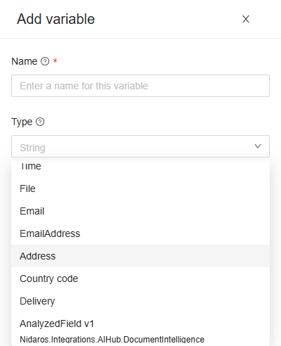 The Type list of a new variable, open: the built-in types, then the organization's own types and those of its modules